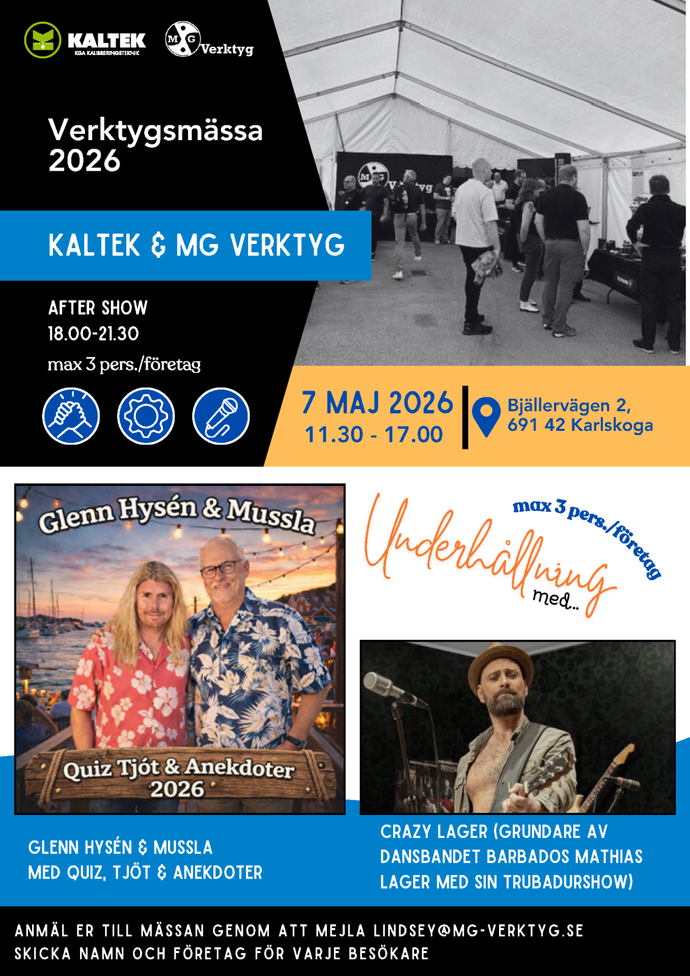 Affisch för verktygsmässa i Karlskoga 7 maj 2026 med MG Verktyg och Kaltek, inklusive tider och after show