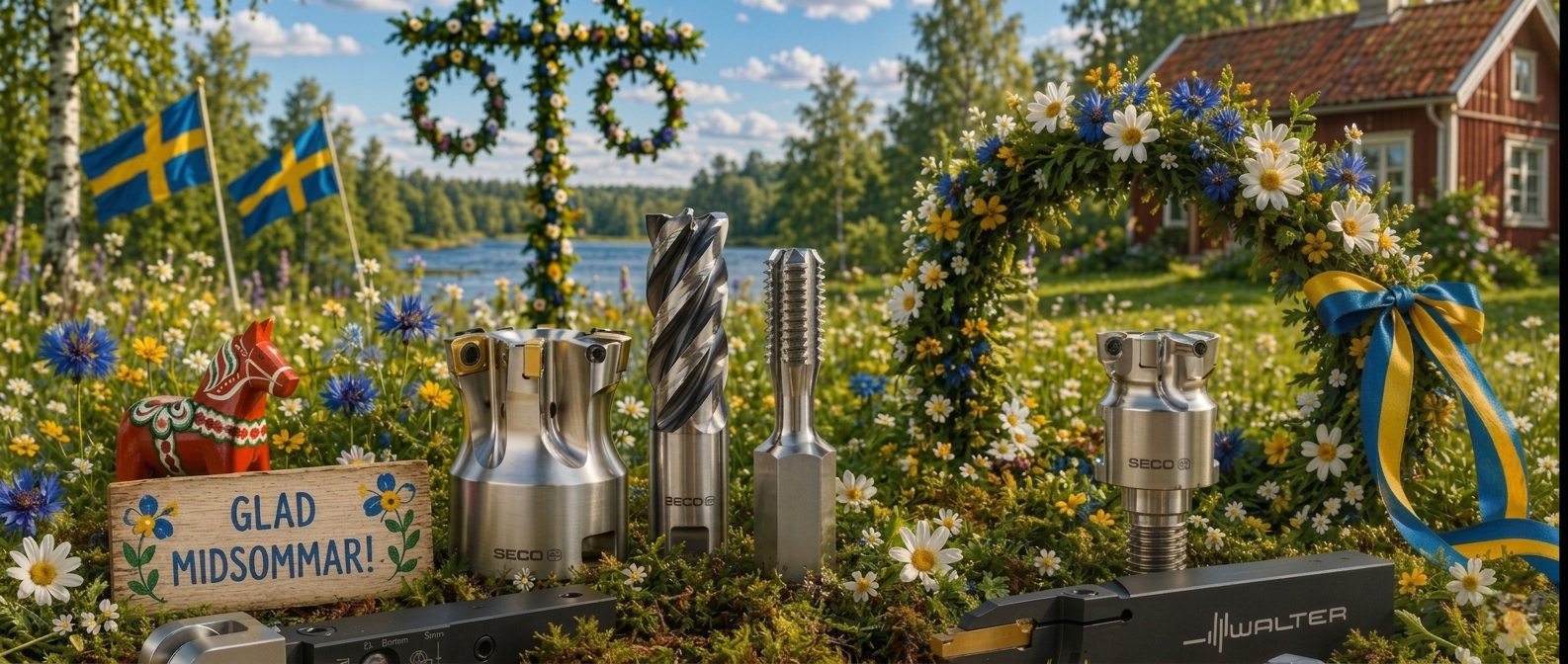 Midsommarhälsning med blomsterkrans, sommaräng och texten Glad midsommar från MG Verktyg