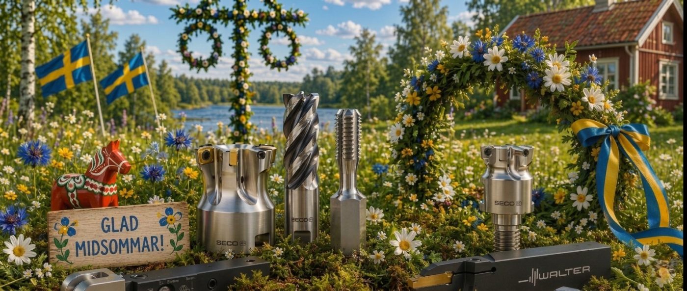 Midsommarhälsning med blomsterkrans, sommaräng och texten Glad midsommar från MG Verktyg