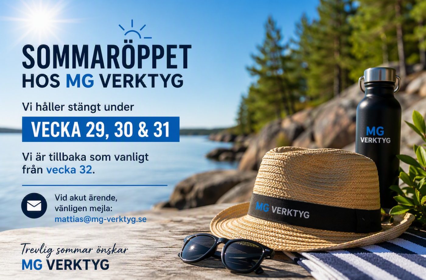 Sommaröppettider hos MG Verktyg med information om stängt vecka 29–31 och kontakt vid akuta ärenden