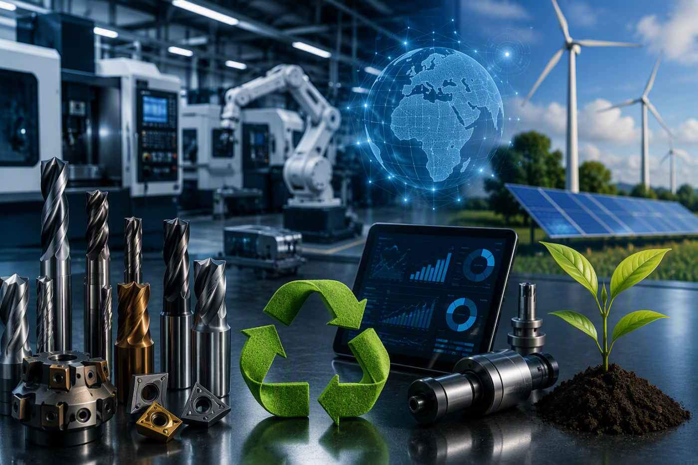Framtidens verktygsekonomi med digital produktion, skärande verktyg, återanvändning, dataanalys och hållbar metallbearbetning.